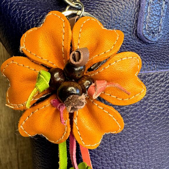 Leather Orange Heart Flower Purse Charm Genuine Leather Bag Charm NEW FAST SHIP - Picture 3 of 7